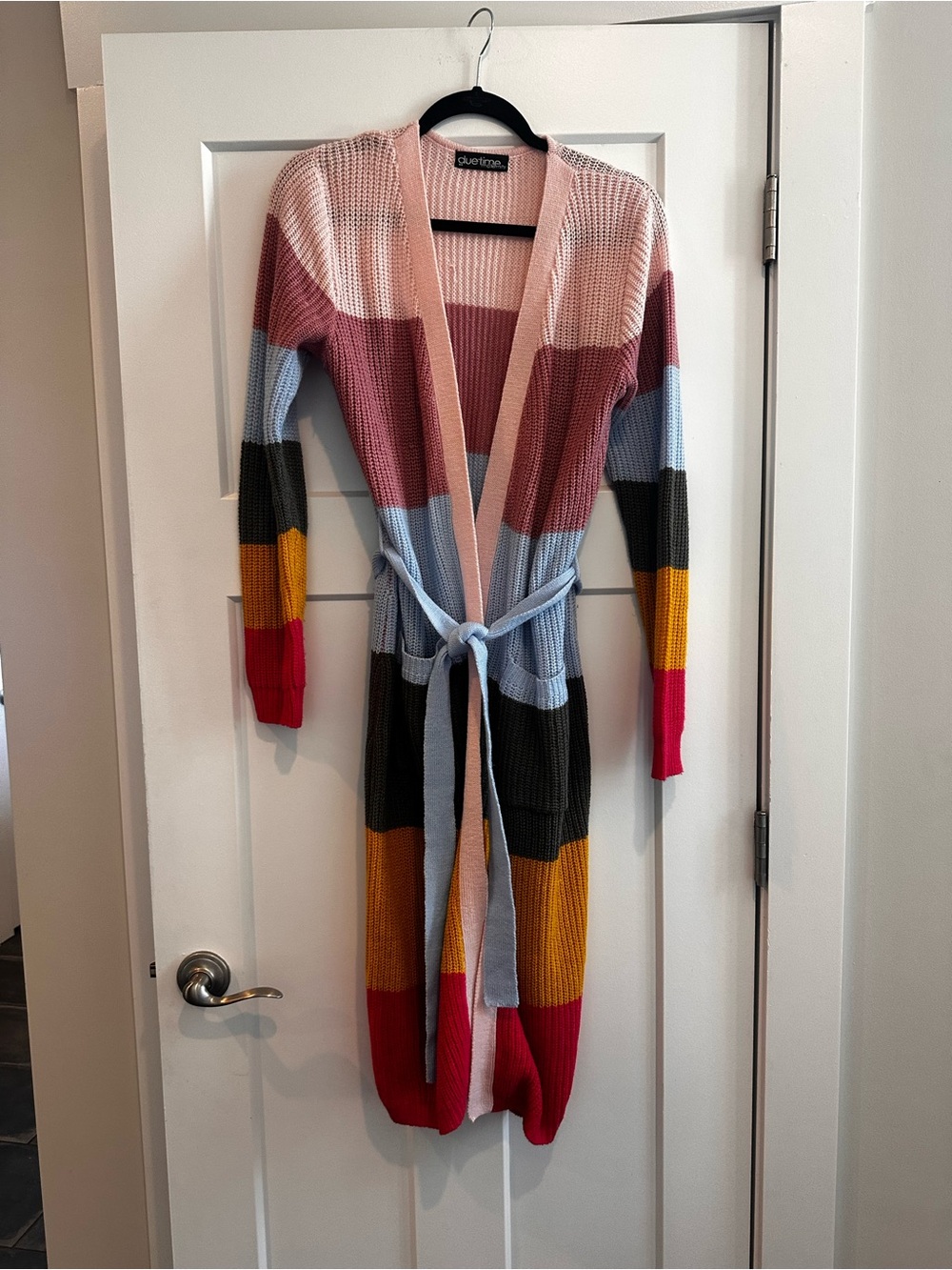In Due Time Maternity color Blocked Duster Knit Belted Cardigan, size medium